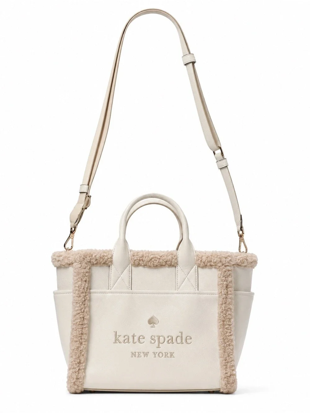 Kate Spade New York Cream Sherpa Trim Tote Crossbody Bag Winter Cozy Chic